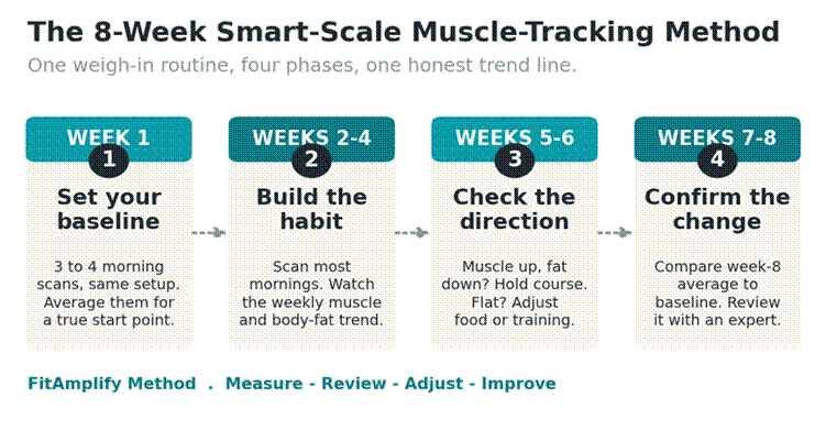 Title: How to track muscle gain with a smart scale: the 8-week method infographic showing four phases from baseline to confirming the change - Description: How to track muscle gain with a smart scale: the 8-week method infographic showing four phases from baseline to confirming the change