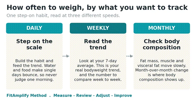 One step-on habit, read at three speeds: daily for the habit, weekly for the trend, monthly for body composition.
