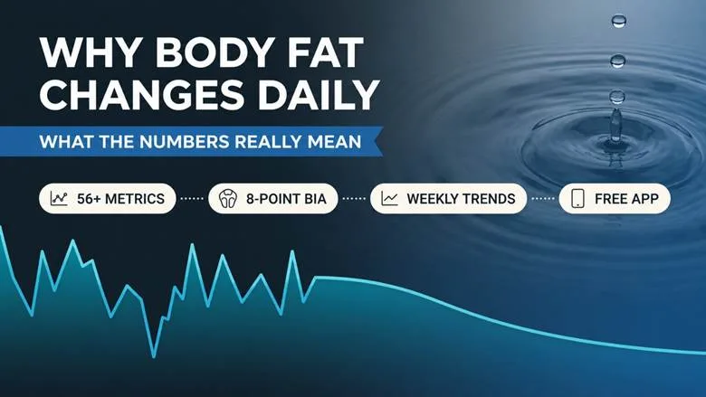 Why body fat changes daily, promotional header showing a jagged daily line smoothing into a body-
composition trend, FitAmplify house style.