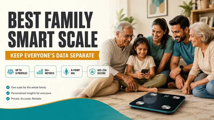 Blog hero banner reading “BEST FAMILY SMART SCALE” with an amber ribbon “Keep everyone's data separate,” over a warm scene of a multi-generational family at home.