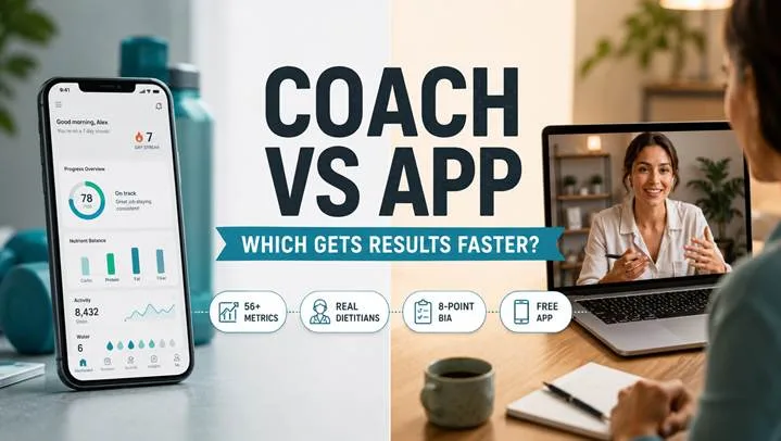 Blog hero banner reading “COACH VS APP” with a blue ribbon “Which gets results faster?”, shown as a split panel with a phone app on one side and a real coach on a video call on the other.