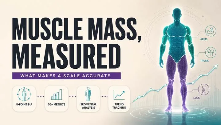 Blog hero banner reading “MUSCLE MASS, MEASURED” with a violet ribbon “What makes a scale accurate,” over a segmental body-metrics data motif highlighting arms, trunk and legs.