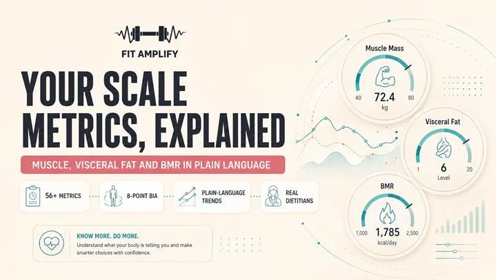 Blog hero banner reading “YOUR SCALE METRICS, EXPLAINED” with a rose ribbon “Muscle, visceral fat and BMR in plain language,” over a clean data-motif of labelled metric dials.