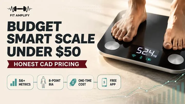 Blog hero banner reading “BUDGET SMART SCALE UNDER $50” with a burgundy ribbon “Honest CAD pricing,” over a macro close-up of a smart-scale display in morning light.