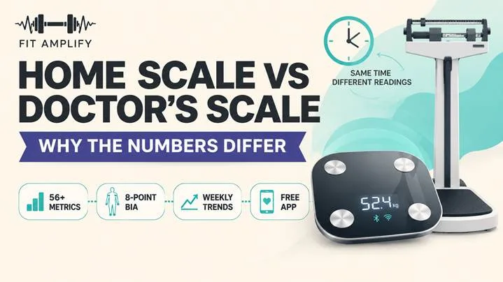Blog hero banner reading “HOME SCALE VS DOCTOR'S SCALE” with an indigo ribbon “Why the numbers differ,” over a clean illustrated concept of a sleek home smart scale beside a clinical beam scale.