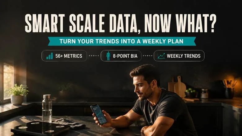 Person reviewing what to do with smart scale data, checking a weekly body-metrics trend on the FitAmplify app.