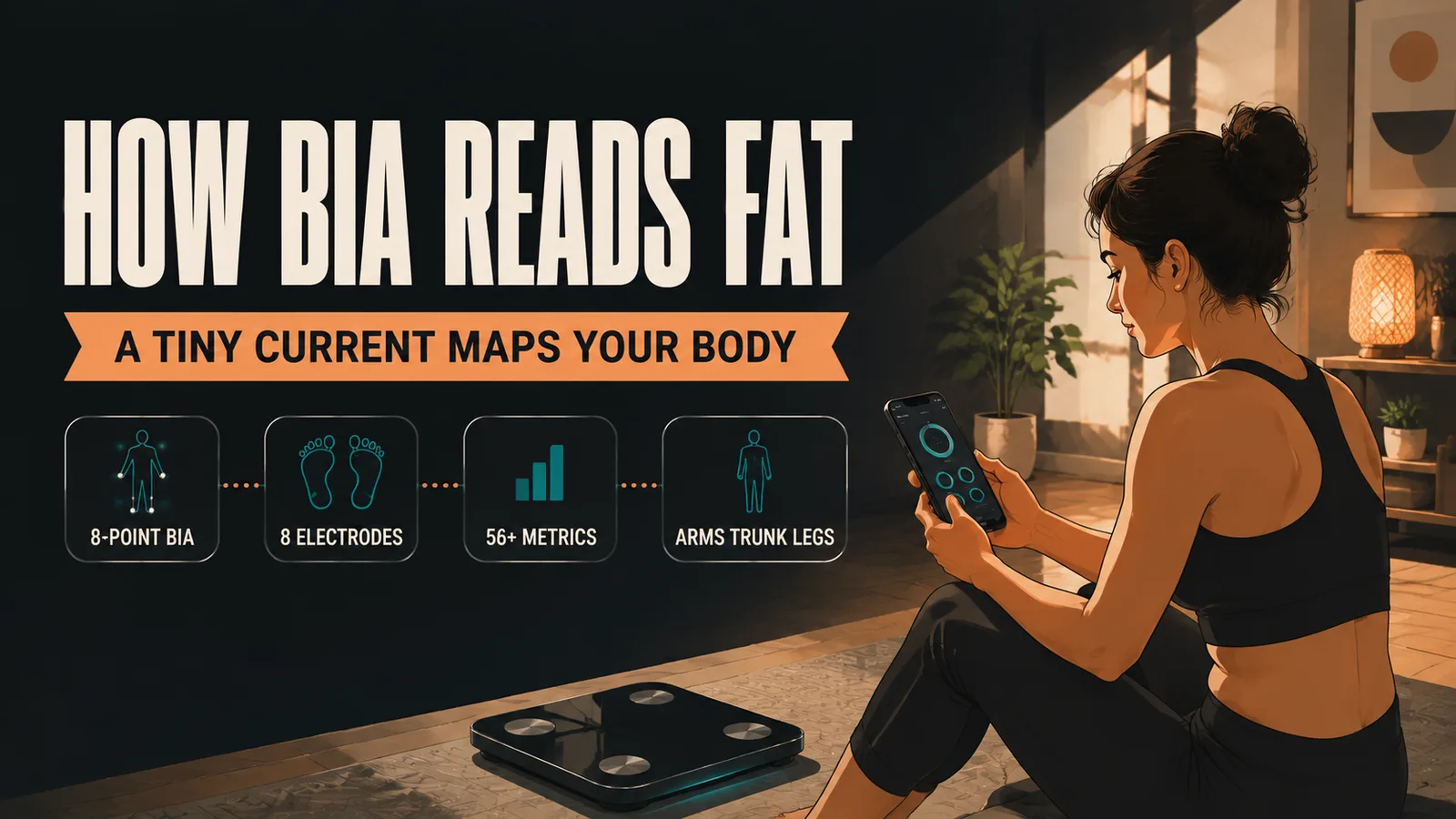 Banner reading HOW BIA READS FAT over a ribbon subtitle, with vector metric rings and pill chips for 8-point BIA, 8 electrodes, 56+ metrics and segmental reads.