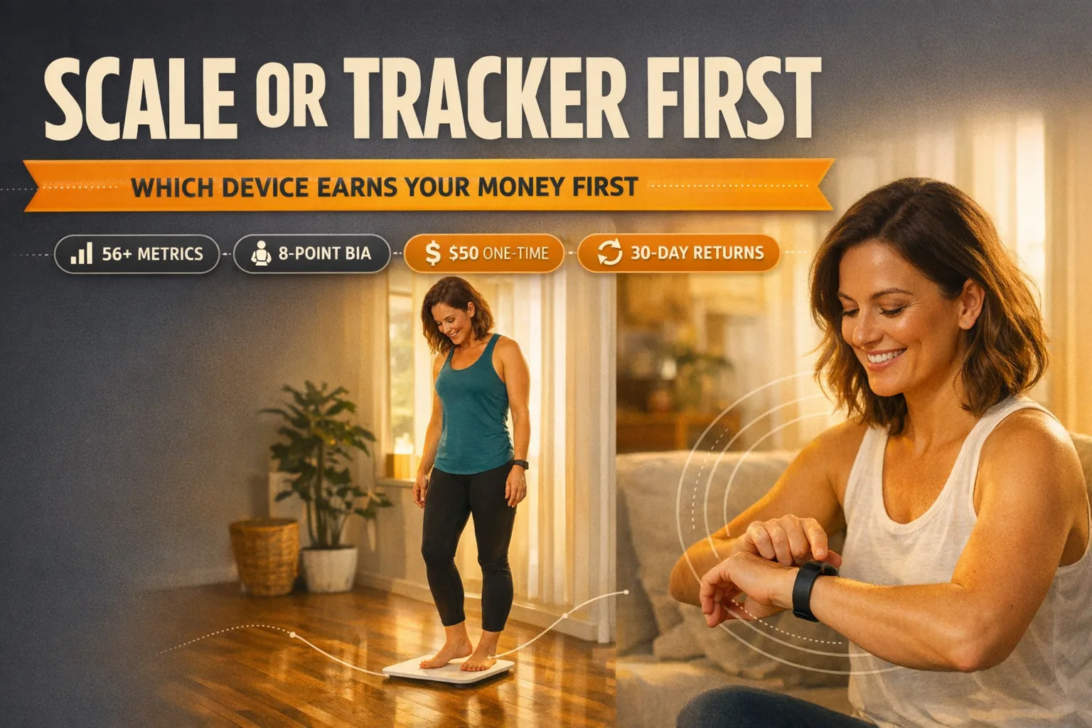 Banner reading Scale Or Tracker First with a ribbon on which device earns your money first and chips for 56+ metrics, 8-point BIA, $50 one-time and 30-day returns.