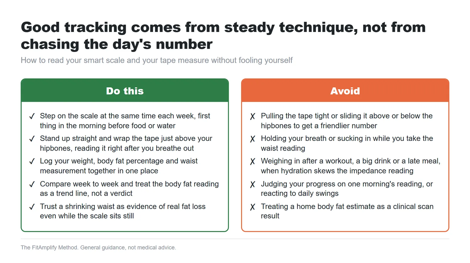 Do and avoid infographic for smart scale versus tape measure fat loss tracking: consistent timing, correct tape placement, logging both numbers, reading trends not single readings.