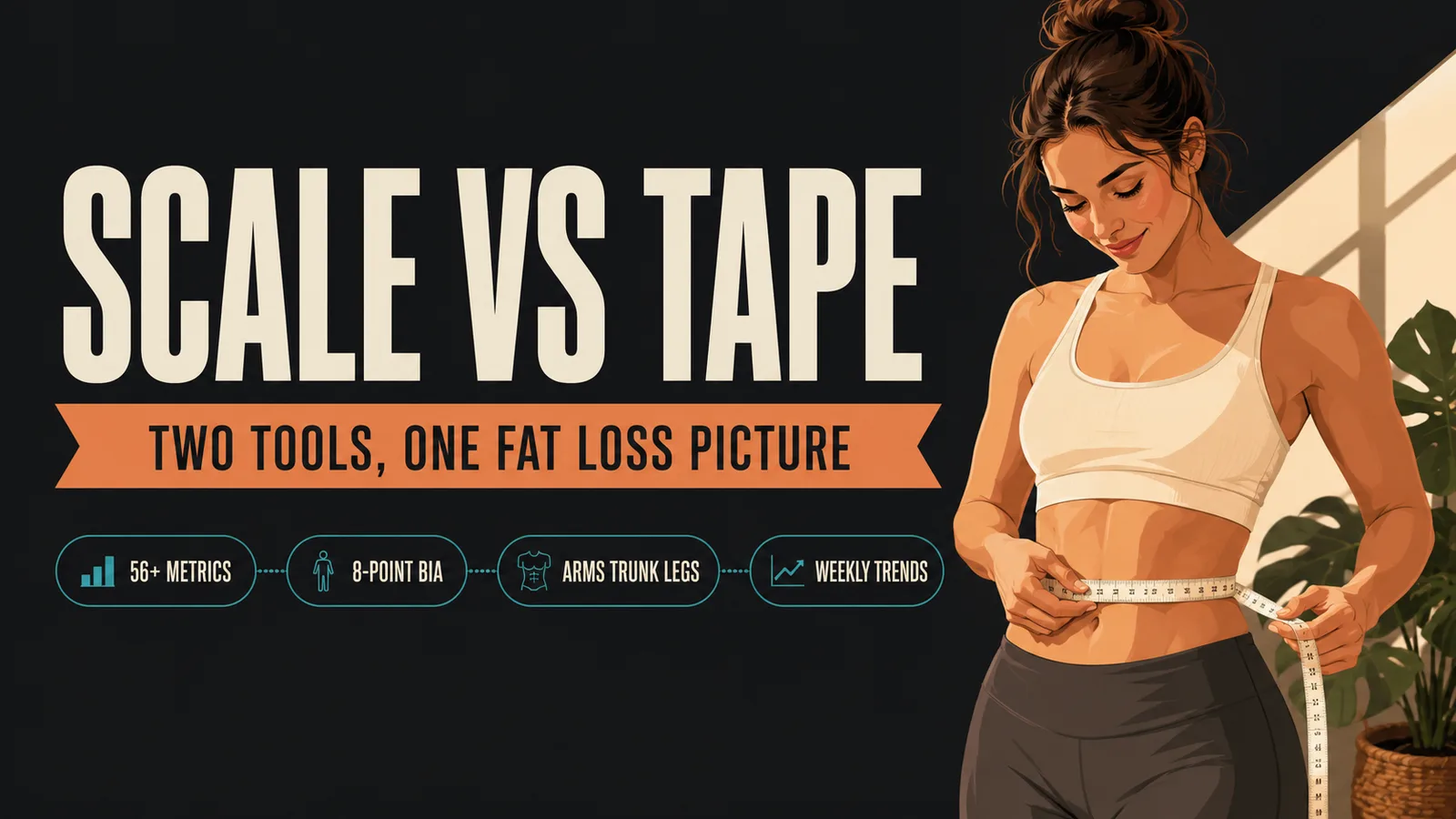 Banner headline SCALE VS TAPE over a split panel of a coiled tape measure and body-composition readouts, with chips reading 56+ metrics, 8-point BIA, arms trunk legs, weekly trends.