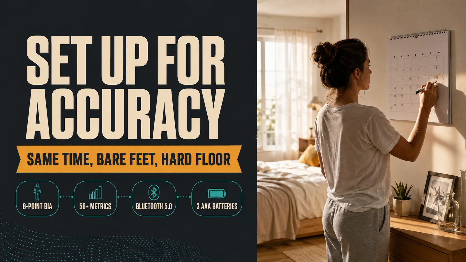 Designed banner reading SET UP FOR ACCURACY with a ribbon on morning weigh-in routine, a calendar streak split panel, and pill chips for 8-point BIA, 56+ metrics and Bluetooth 5.0
