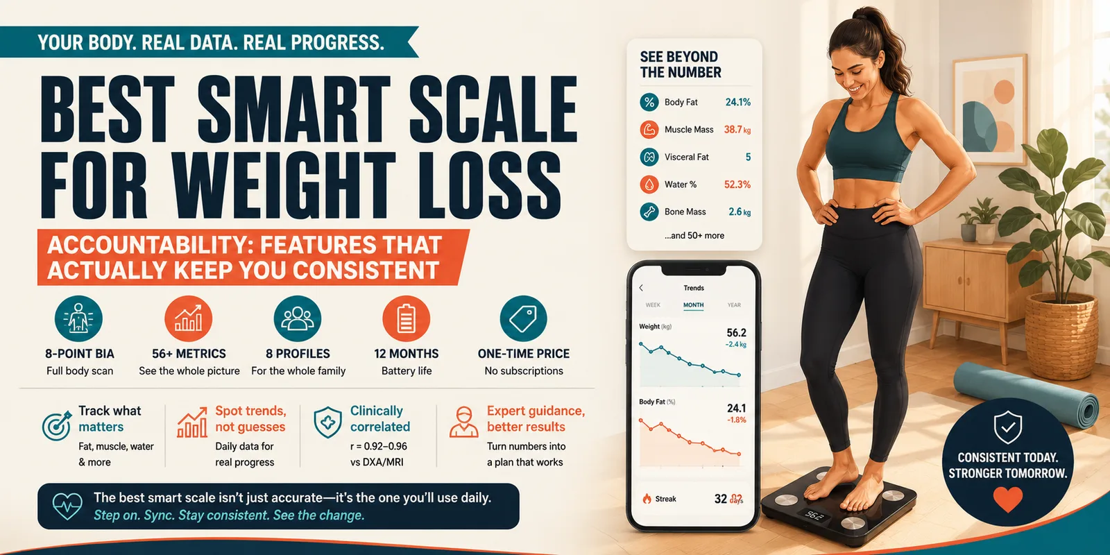 Charcoal and cream banner reading TRACK WEIGHT LOSS SMARTER above an amber ribbon, with a split panel weight trend line and pill chips for 56+ metrics and 8-point BIA.