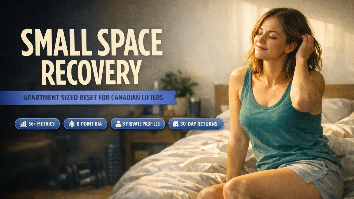 Charcoal and cream banner reading SMALL SPACE RECOVERY with an indigo ribbon subtitle and pill chips for 56+ metrics, 8-point BIA, 8 private profiles and 30-day returns.
