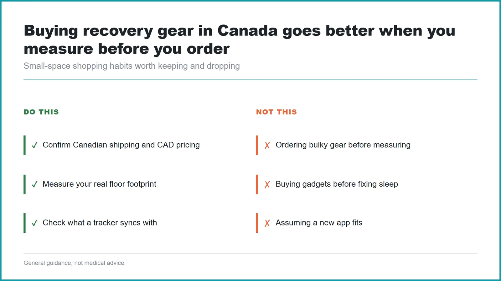 Do and avoid panel for buying home gym recovery equipment for a small apartment in Canada, covering shipping, floor space, app syncing and returns.