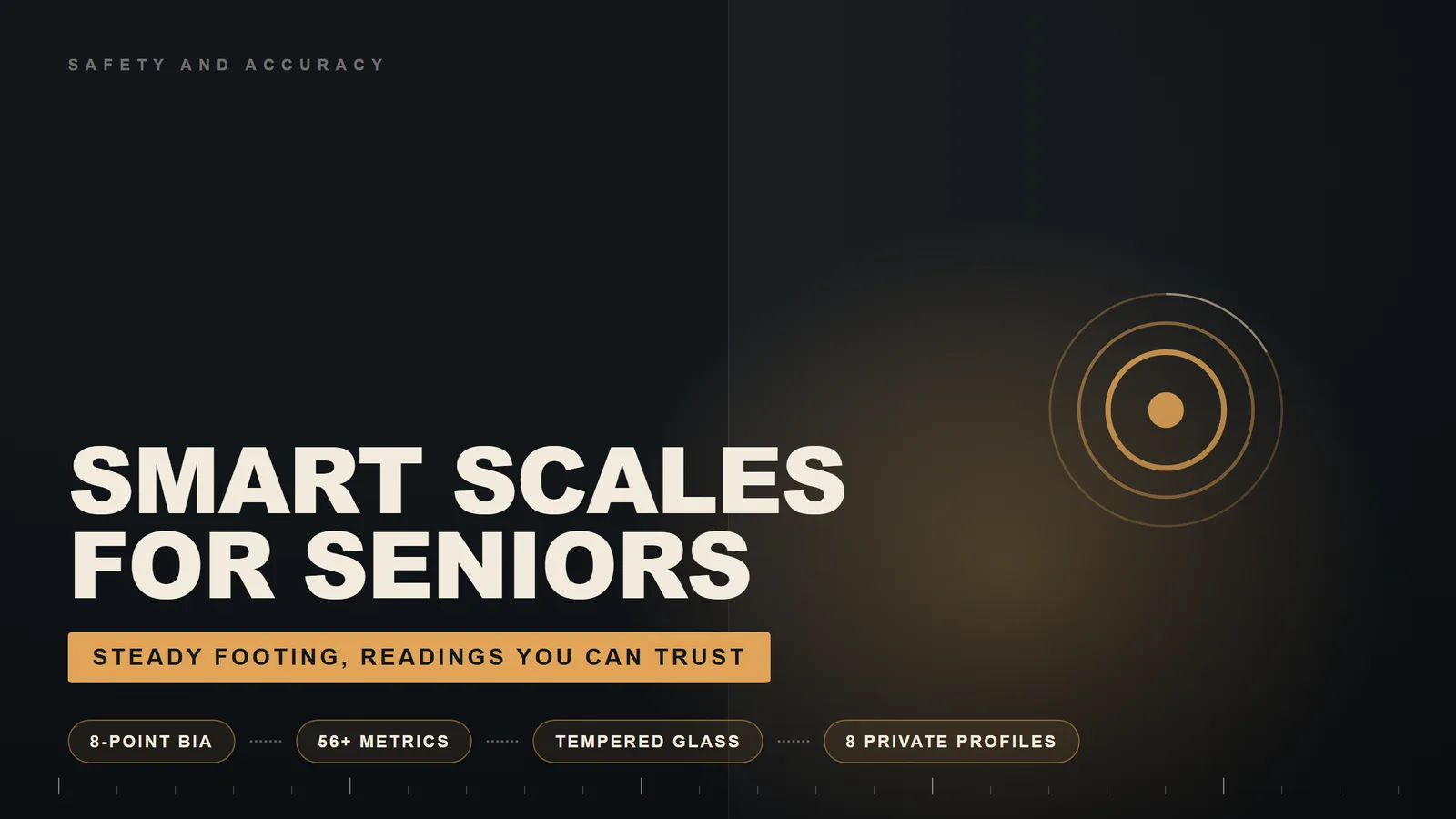 Split panel banner reading Smart Scales For Seniors with a warm amber ribbon and pill chips for 8-point BIA, 56+ metrics, tempered glass and 8 private profiles.
