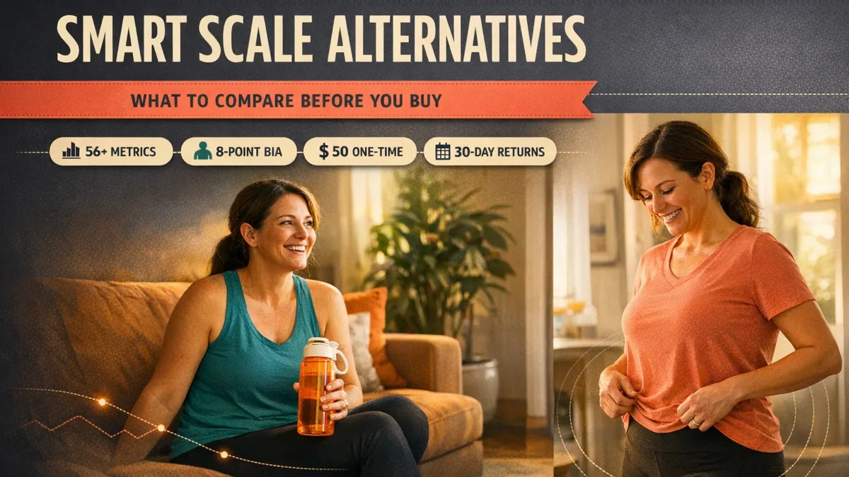 Charcoal and cream banner reading SMART SCALE ALTERNATIVES with a teal ribbon and pill chips for 56+ metrics, 8-point BIA, $50 one-time and 30-day returns.