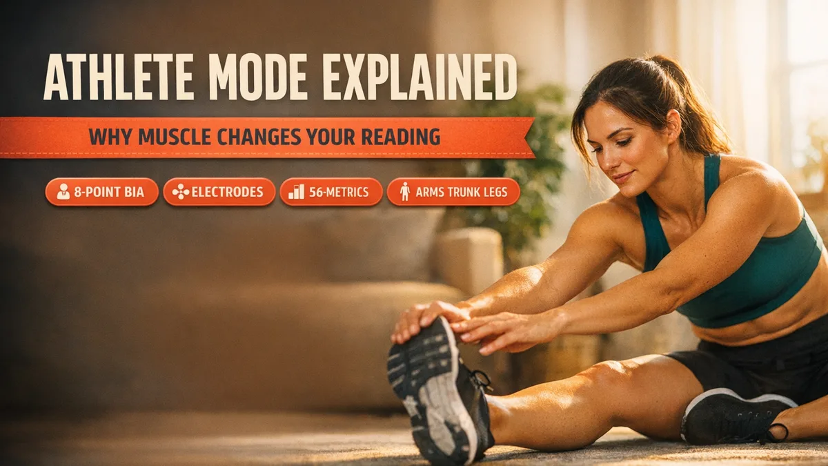Banner reading ATHLETE MODE EXPLAINED over a ribbon about muscle changing your reading, with chips for 8-point BIA, 8 electrodes, 56+ metrics and segmental analysis.